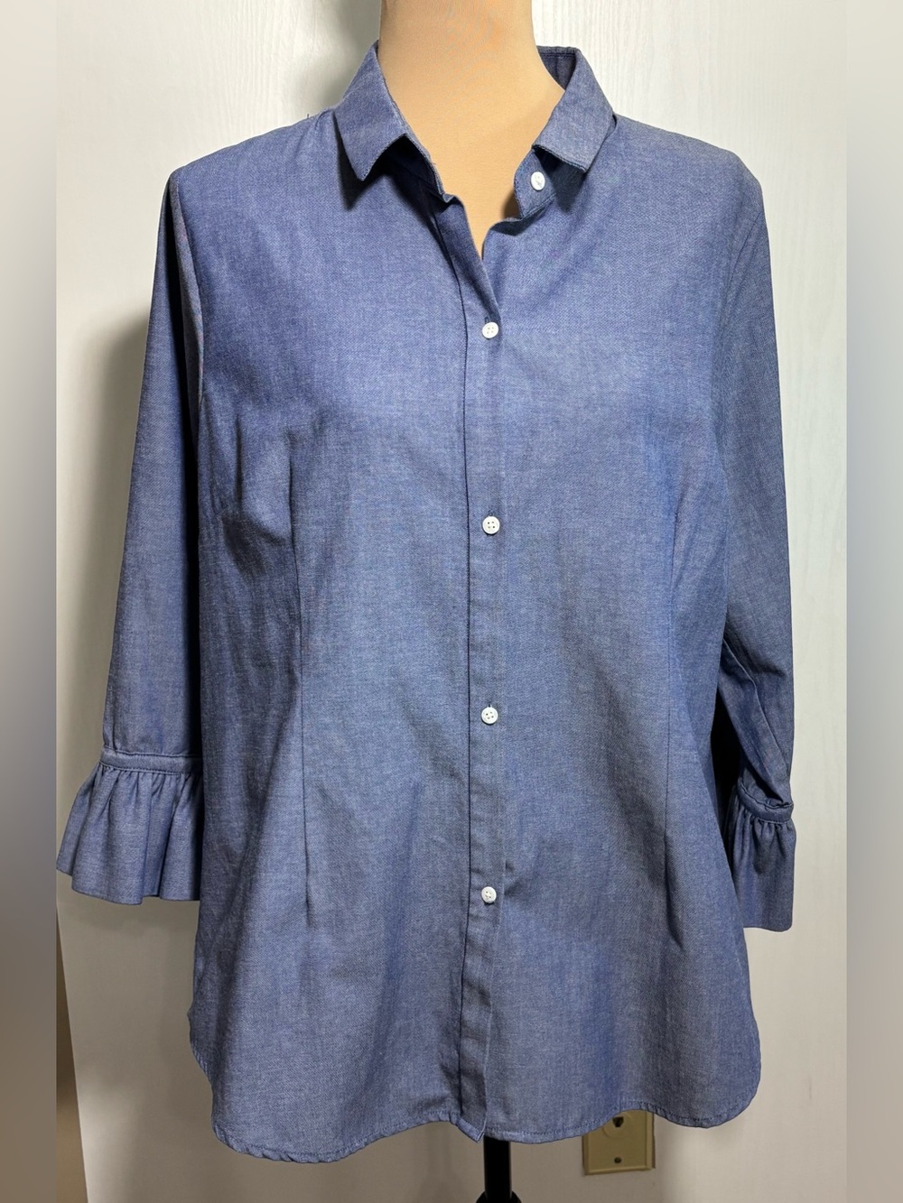 Gretchen Scott Chambray Priss Blouse Womens XL Blue Ruffle Flounce Sleeve Preppy